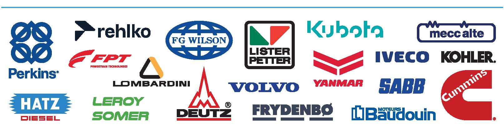 Official logos of Lister Petter, Perkins, Yanmar, Kubota, Deutz, Lombardini, Mecc Alte, FG Wilson, Volvo Penta, Rehlko, Sabb, Hatz. We offer all brands,