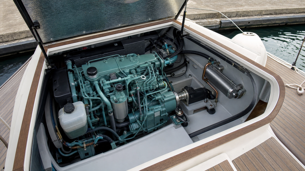 Perkins marine diesel engine in a boat's engine bay